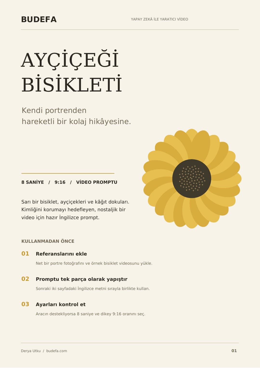 Ayçiçeği Bisikleti — Yapay Zekâ Video Promptu (Portreden Kolaj Video)